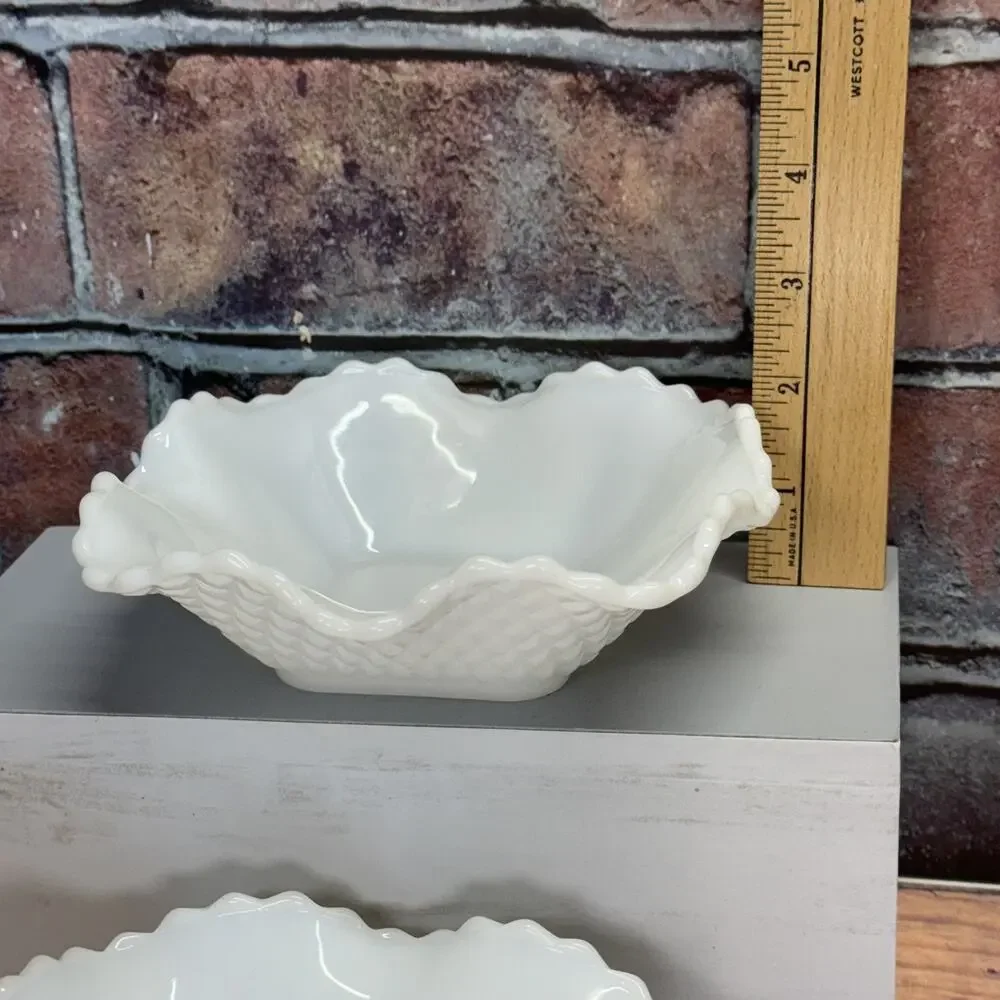 Set of 4 Vintage Hazel Atlas‎ White Milk Glass Diamond Pattern Nut Dishes MCM